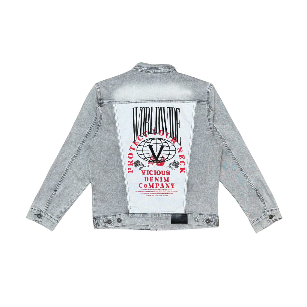 Denim jacket w/ suede cut & sew and pearl + gem stone details