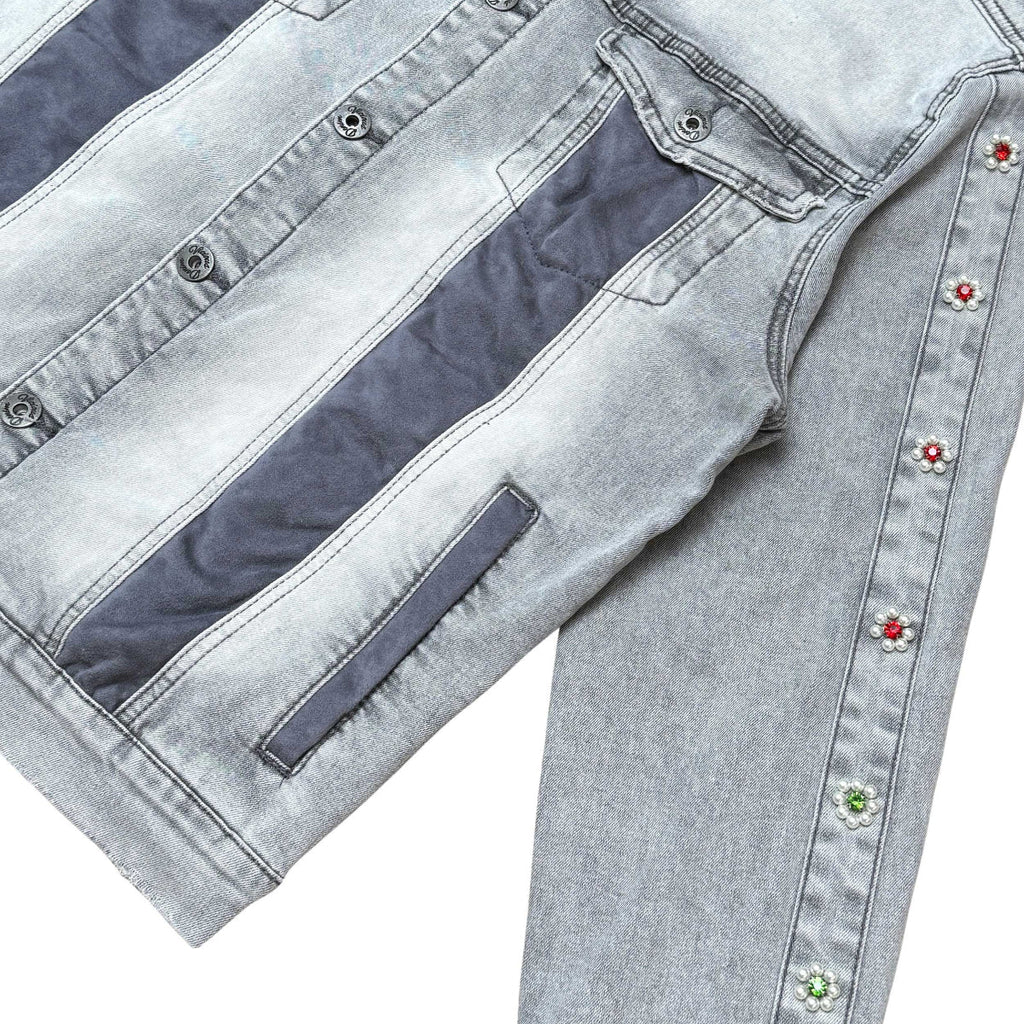 Denim jacket w/ suede cut & sew and pearl + gem stone details