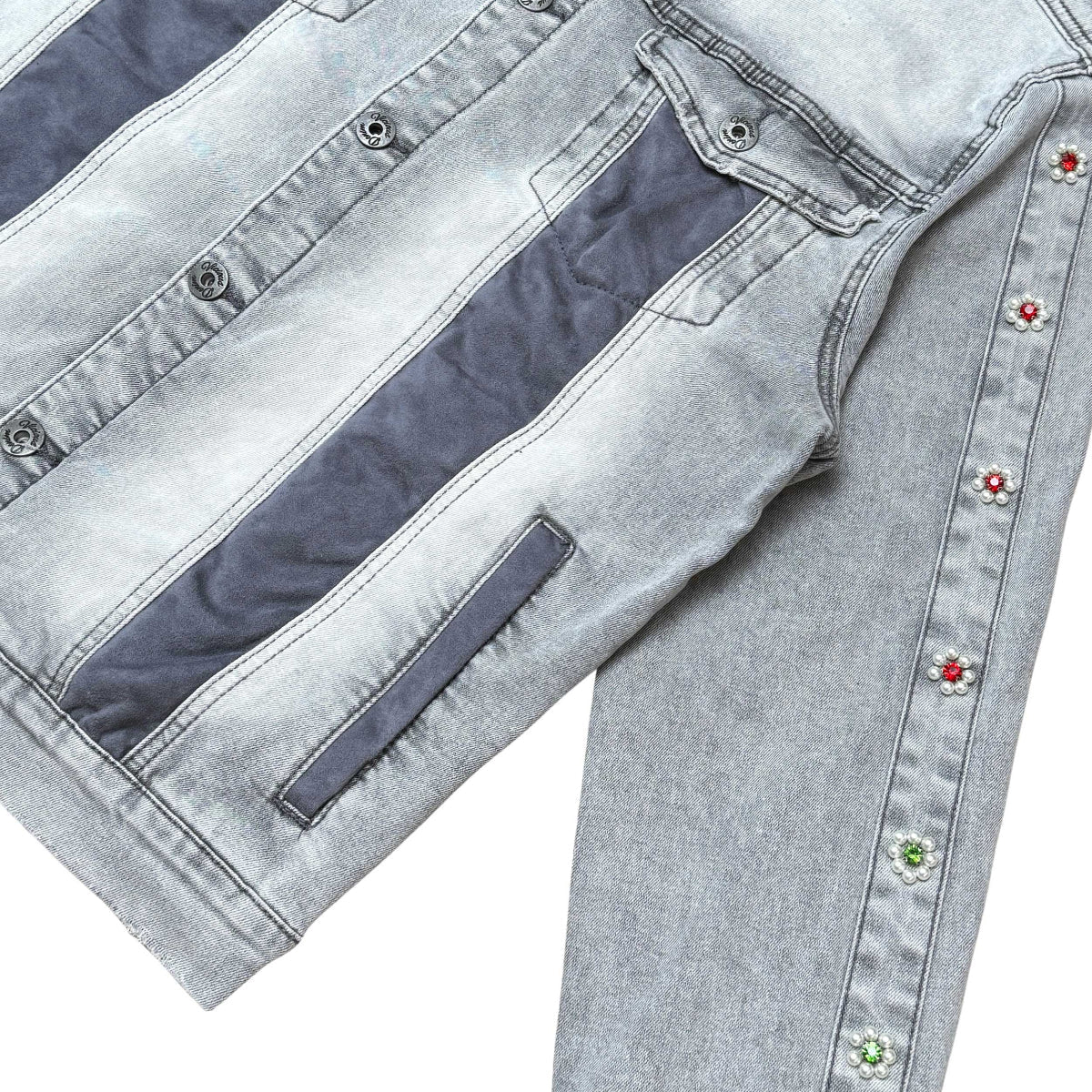 Denim jacket w/ suede cut & sew and pearl + gem stone details