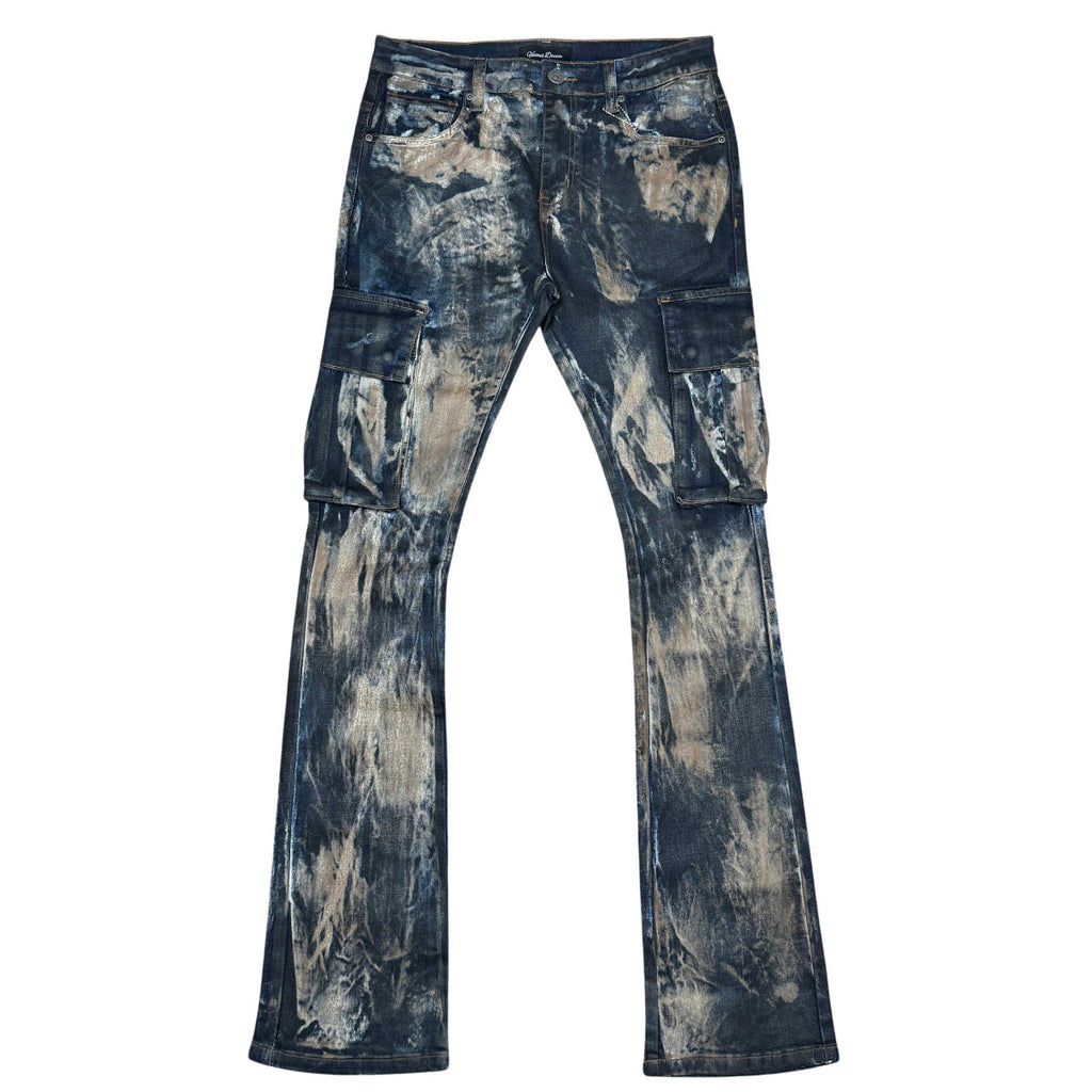 Wax coated washed flared denim pant