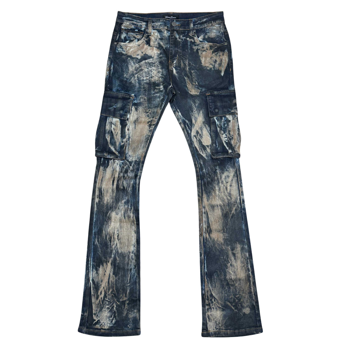 Wax coated washed flared denim pant