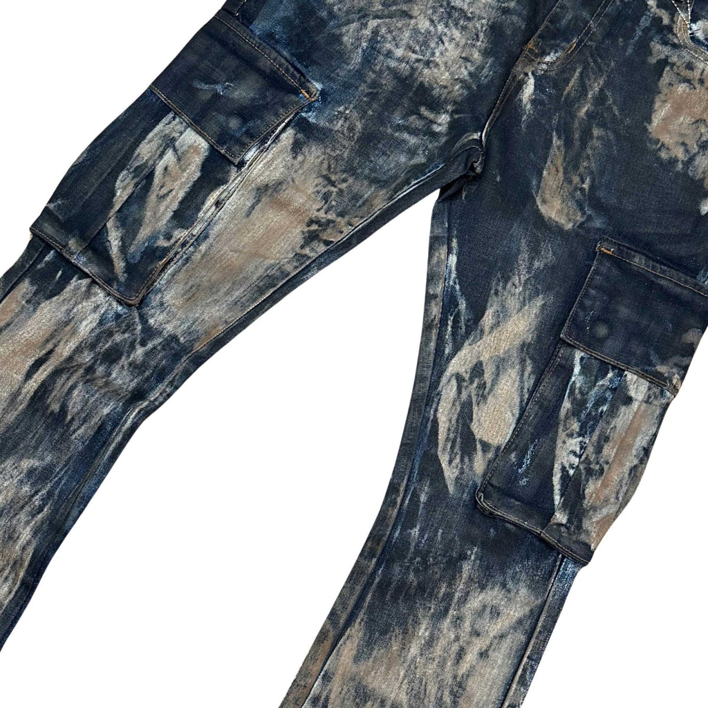 Wax coated washed flared denim pant