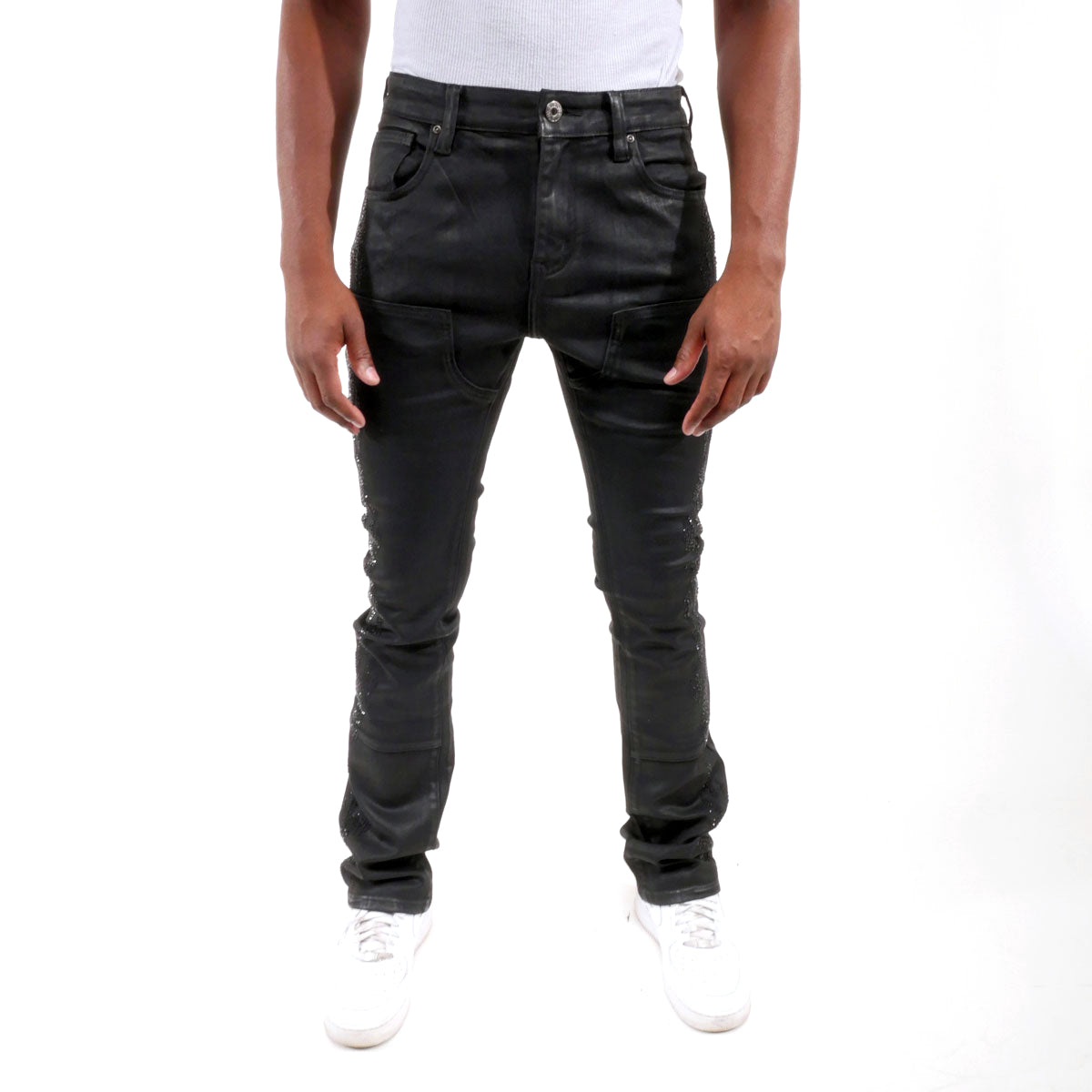 Embellished wax coated denim pant