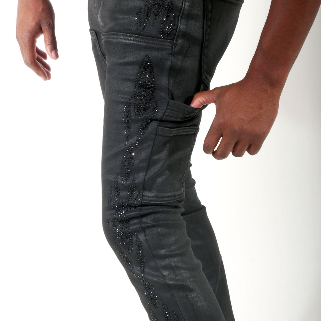 Embellished wax coated denim pant