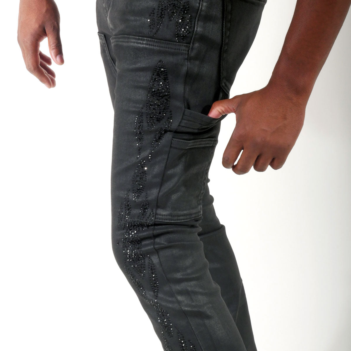 Embellished wax coated denim pant