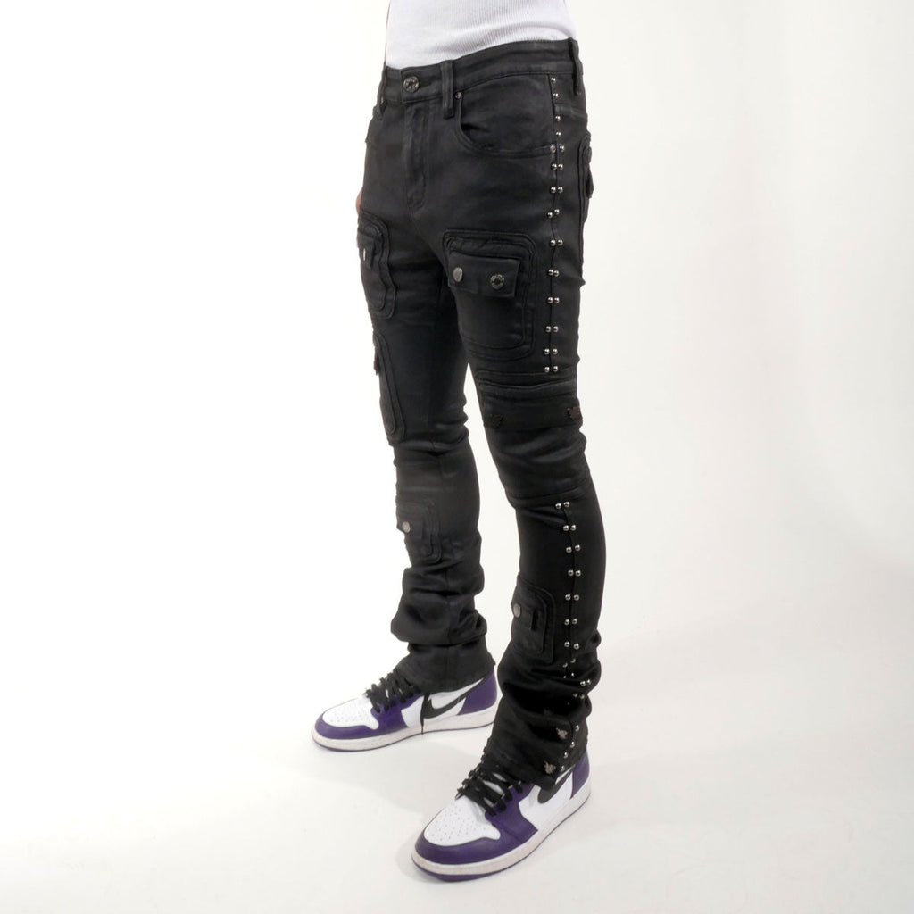 Studded warrior cargo flare fit denim pant