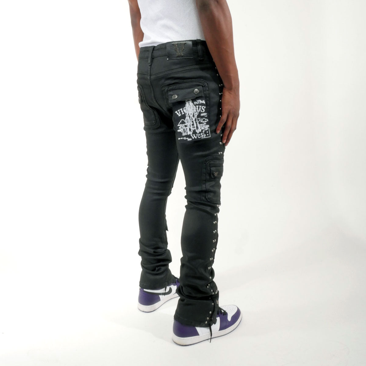 Studded warrior cargo flare fit denim pant