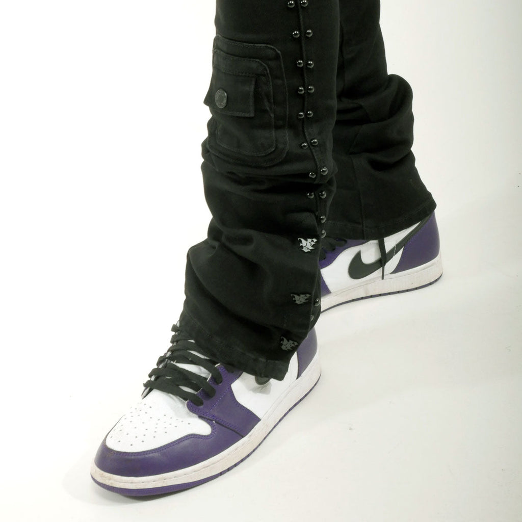 Studded warrior cargo flare fit denim pant