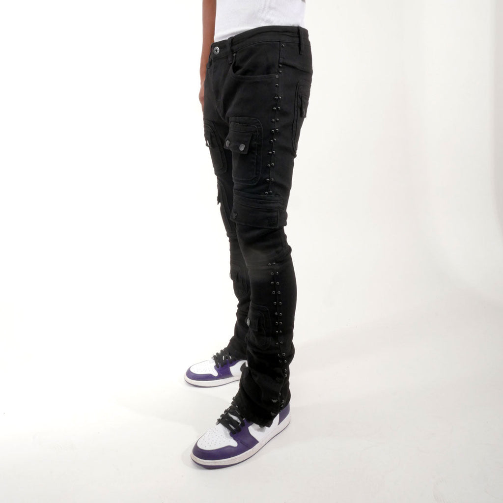 Studded warrior cargo flare fit denim pant