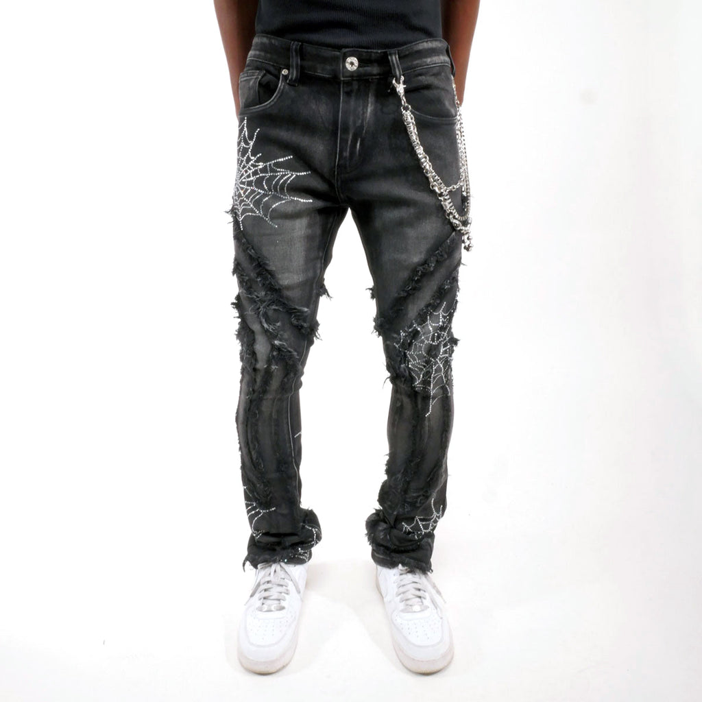 Stack denim pant w/ studded spider webs