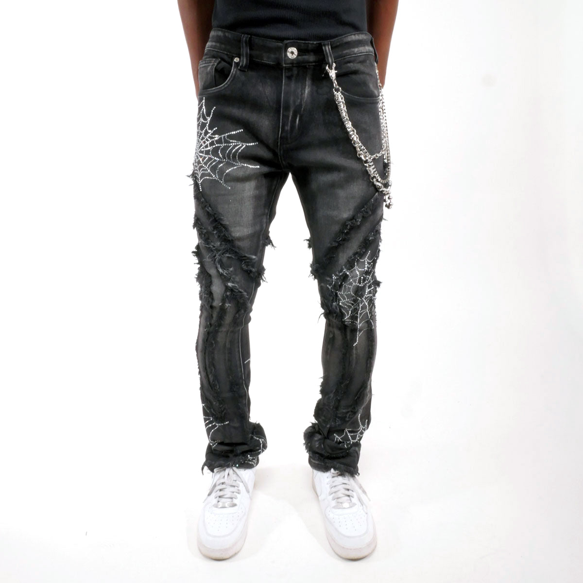 Stack denim pant w/ studded spider webs