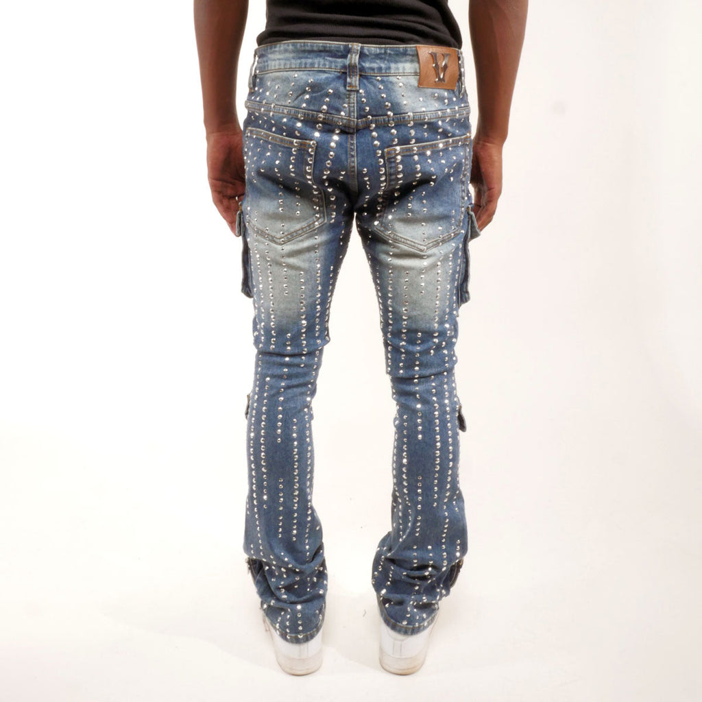Silver studded muti cargo flare denim pant