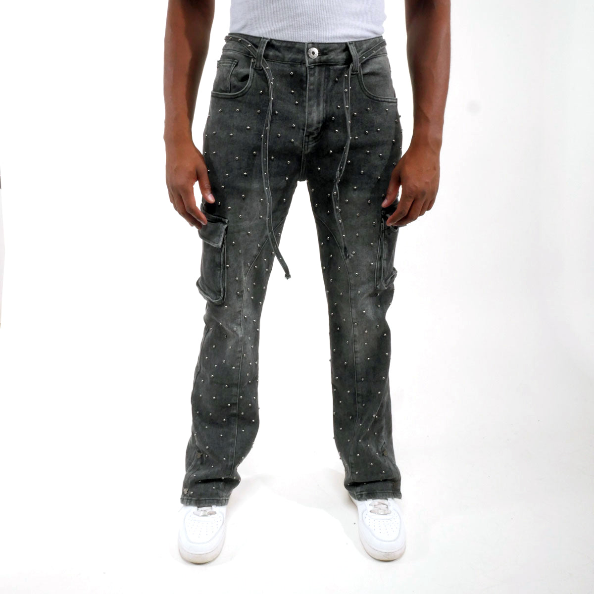 Pearl medium studded relaxed straight denim pant
