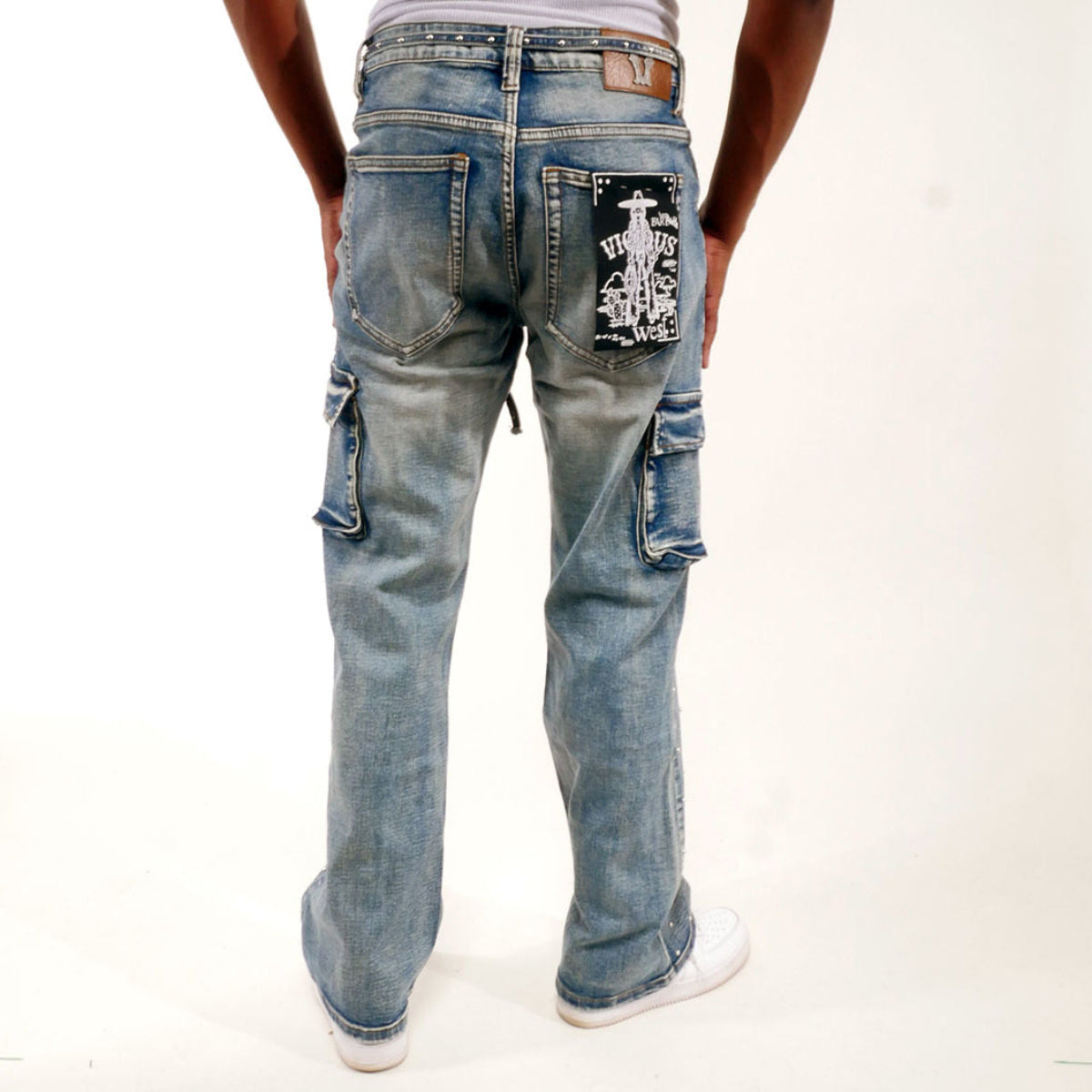 Pearl medium studded relaxed straight denim pant