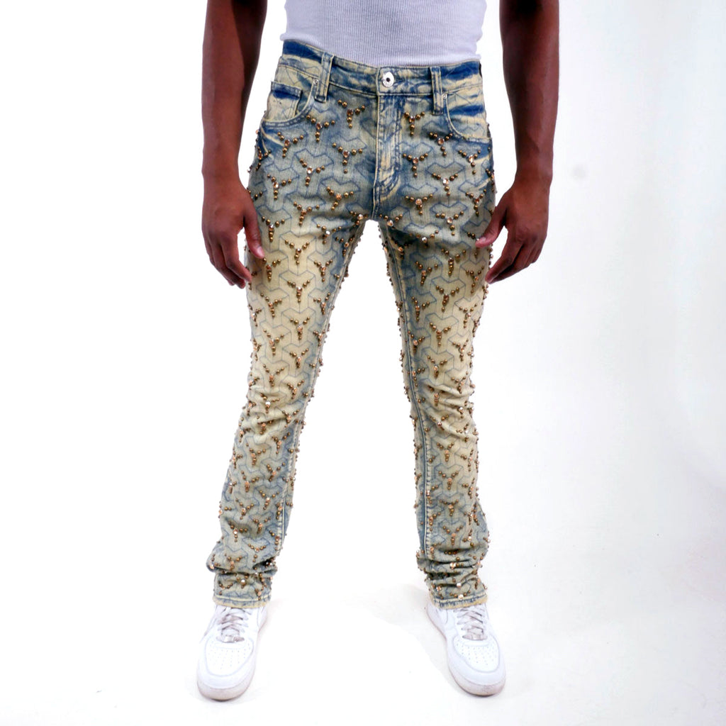 Embellished stone flare denim pant