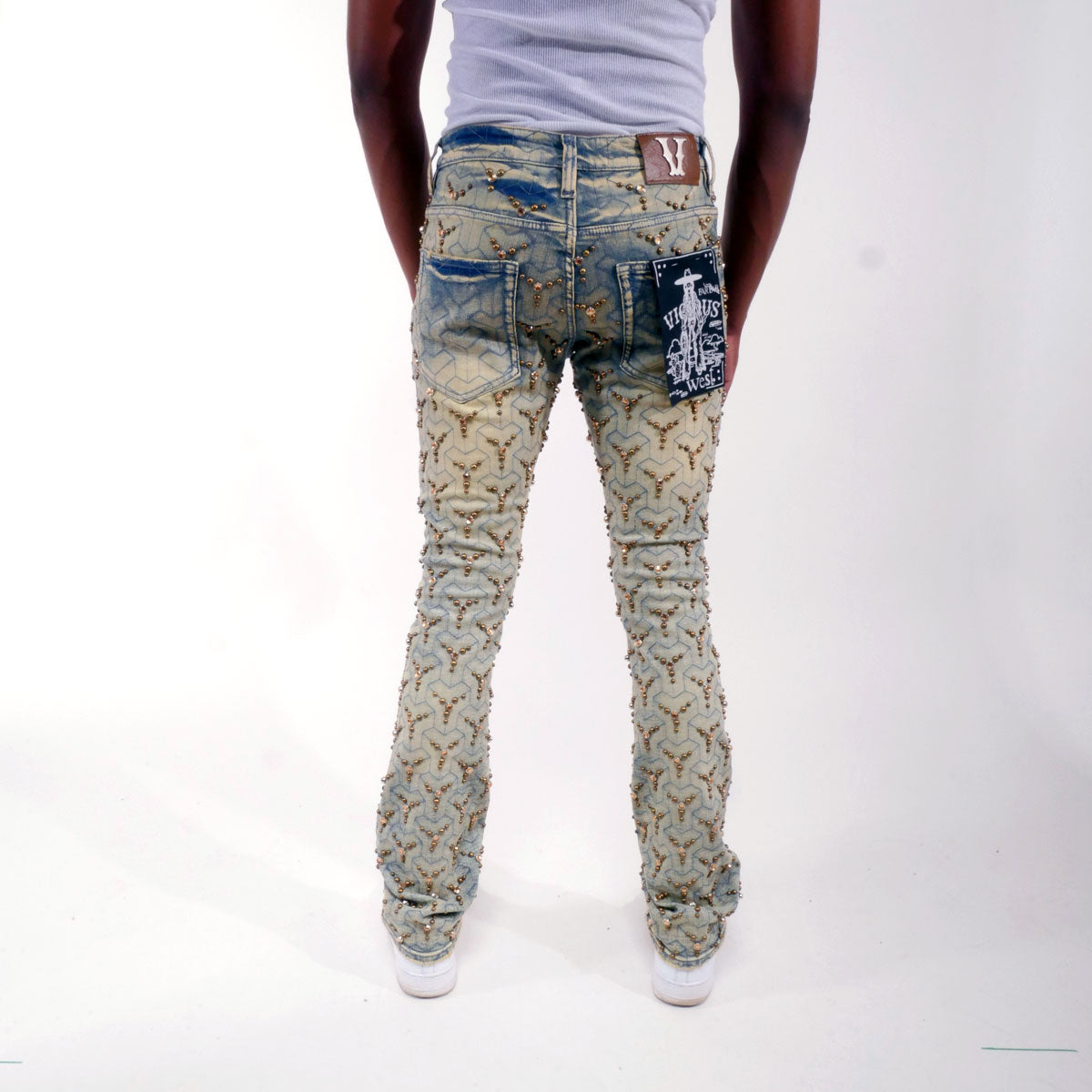 Embellished stone flare denim pant