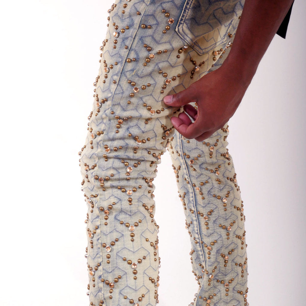 Embellished stone flare denim pant
