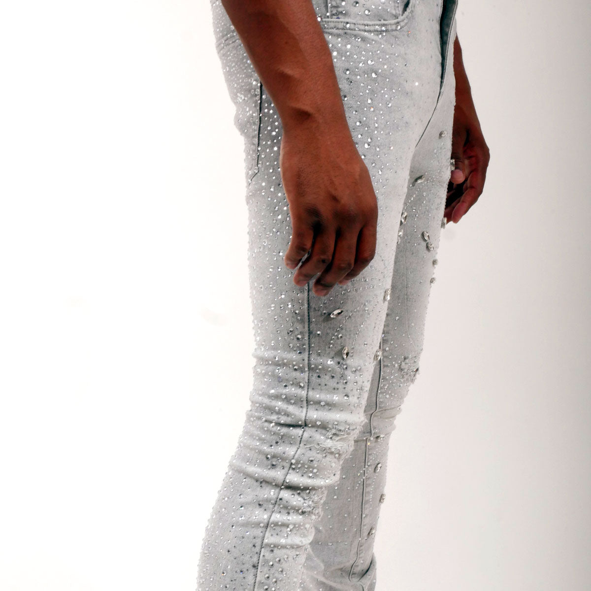 Embellished rhinestone denim flared pants