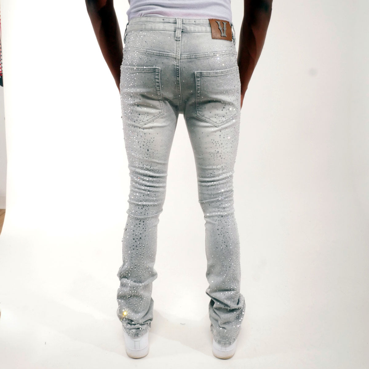 Embellished rhinestone denim flared pants