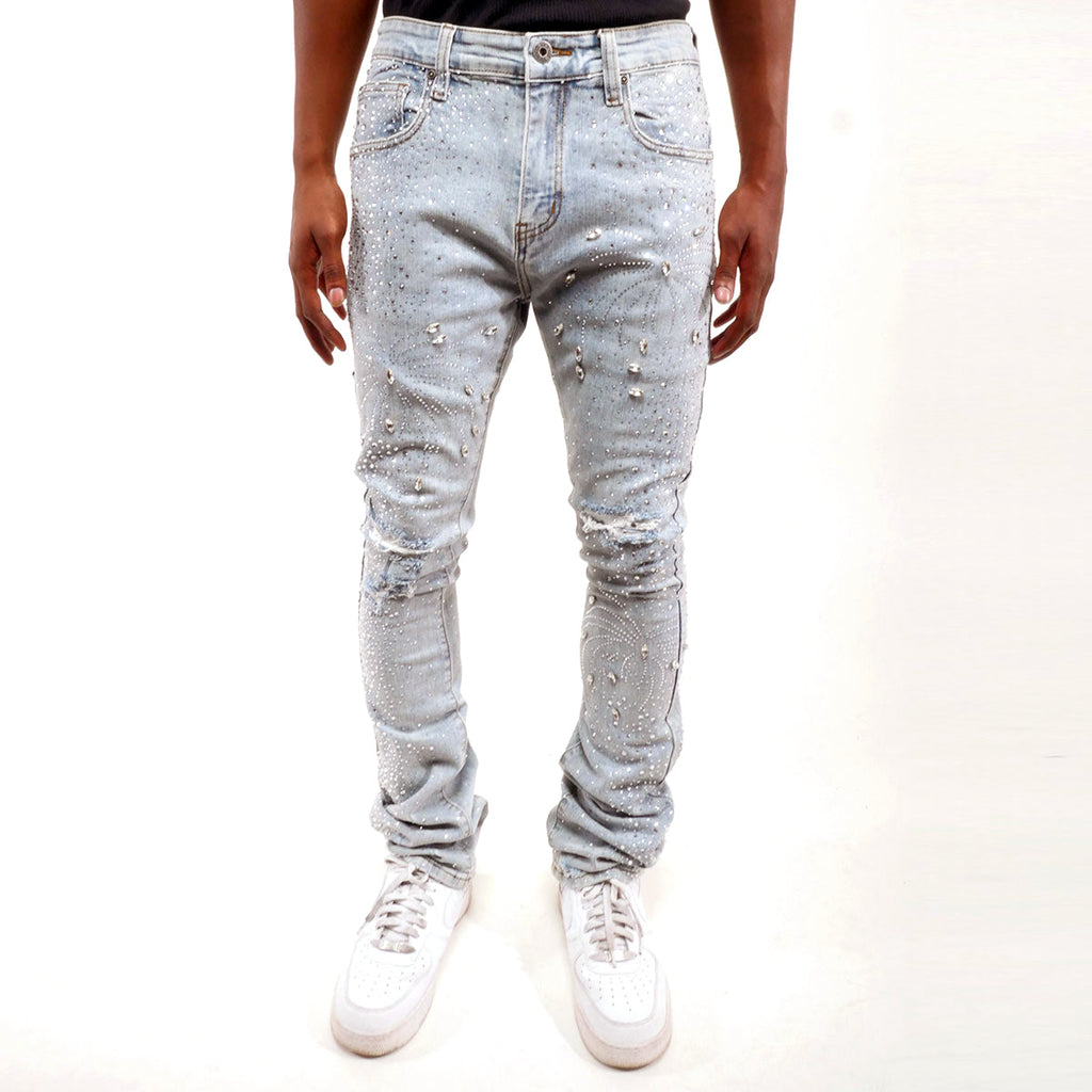 Embellished rhinestone denim flared pants