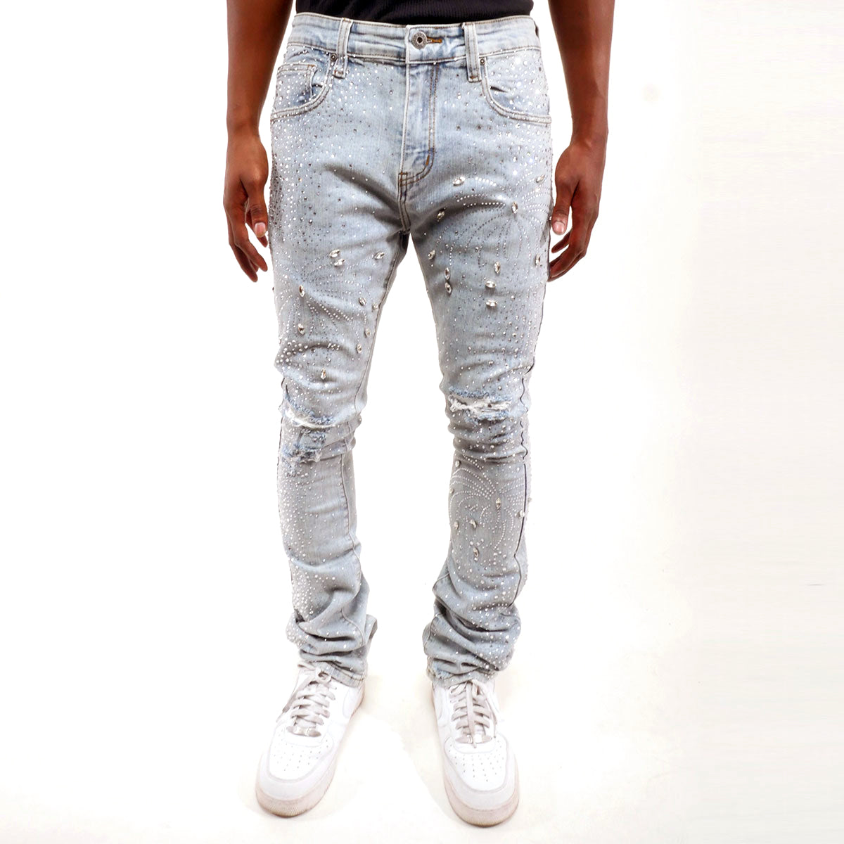 Embellished rhinestone denim flared pants