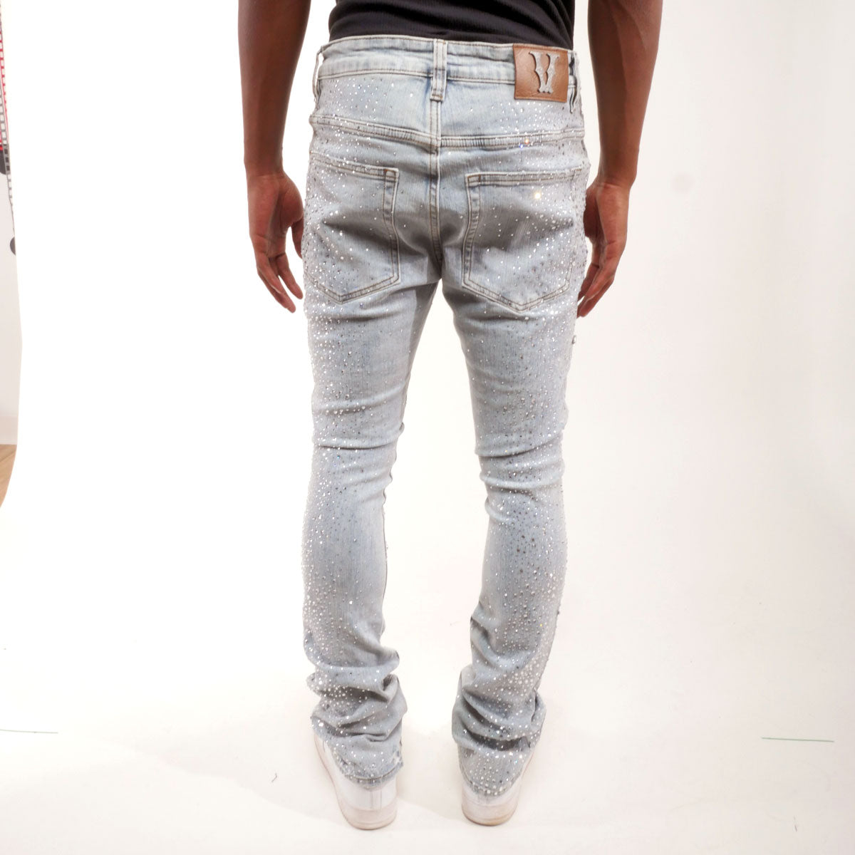 Embellished rhinestone denim flared pants