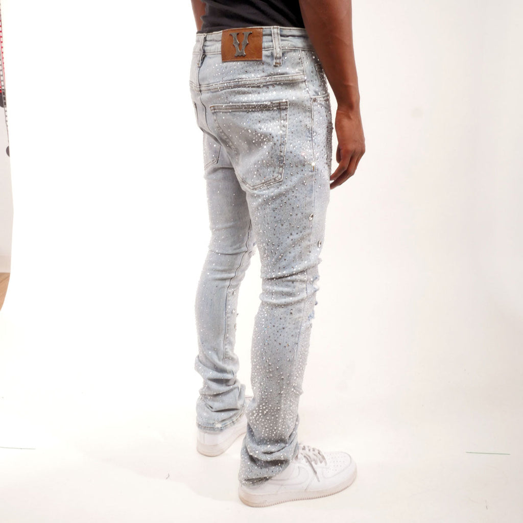 Embellished rhinestone denim flared pants