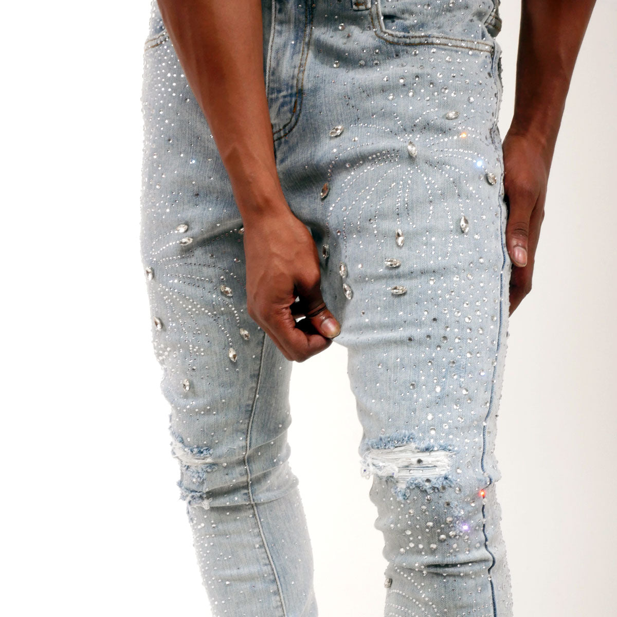 Embellished rhinestone denim flared pants