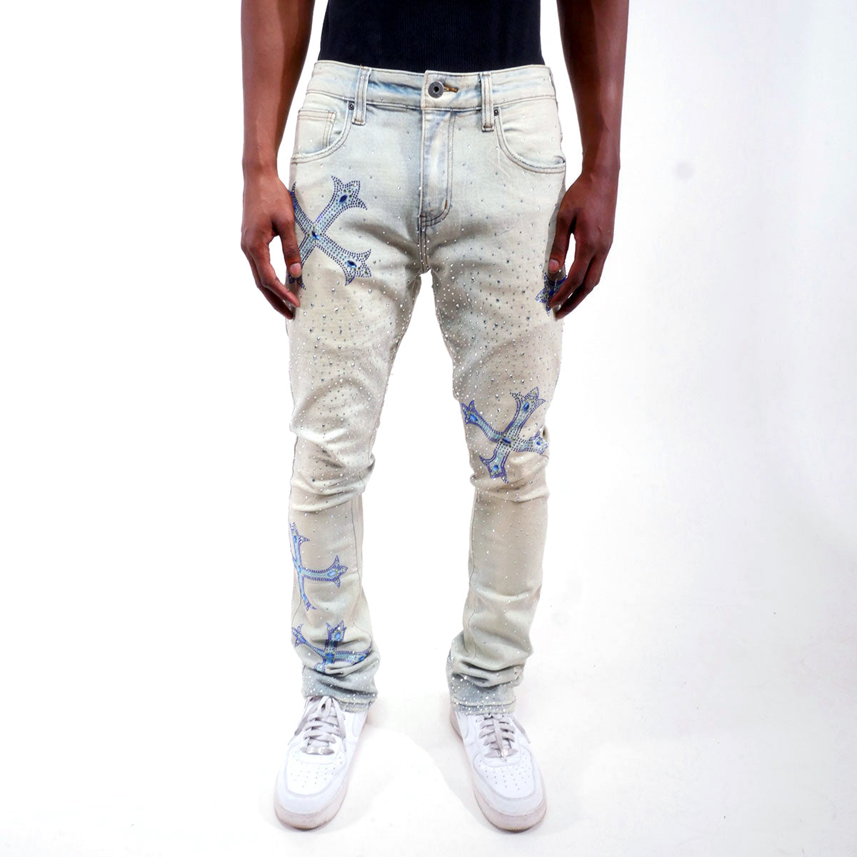 Embellished rhinestone flare denim pant