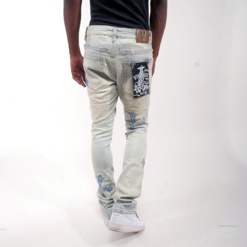 Embellished rhinestone flare denim pant